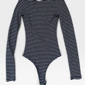 Women’s Navy and White Striped Long-Sleeve One-Piece